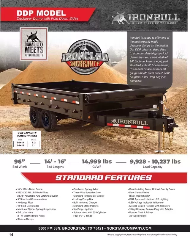 2026 Norstar IRONBULL SERIES 96x16 DDP Deckover w/folding sides 14.9K Floor Dump Trailer