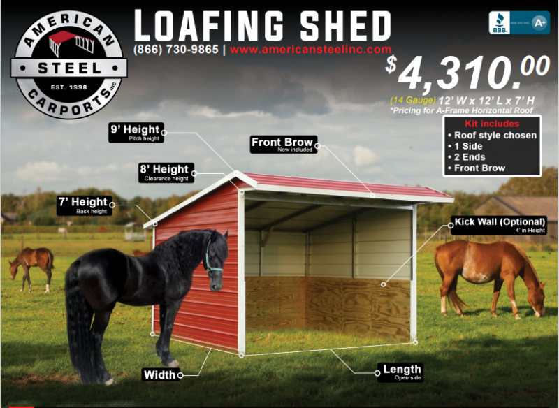 12' x 12' x 7' Loafing Shed, Animal Shelter, Horse Barn 12' x 12' x 7' Loafing Shed, Animal Shelter, Horse Barn