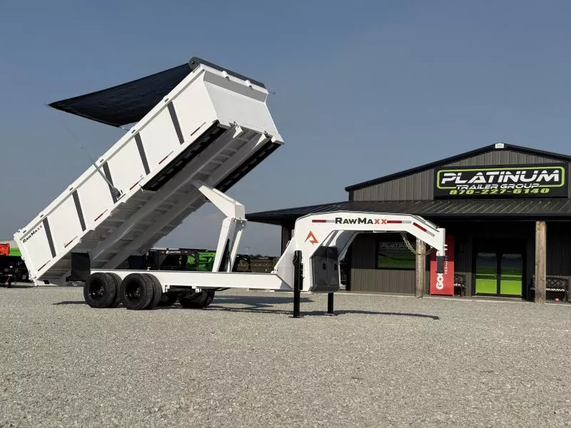 2026 RawMaxx HDX 102X20 GOOSENECK HIGH SIDE W/14 PLYS, HYDRAULIC JACKS, AND FLIP OVER TARP 20K GVWR Dump Trailer