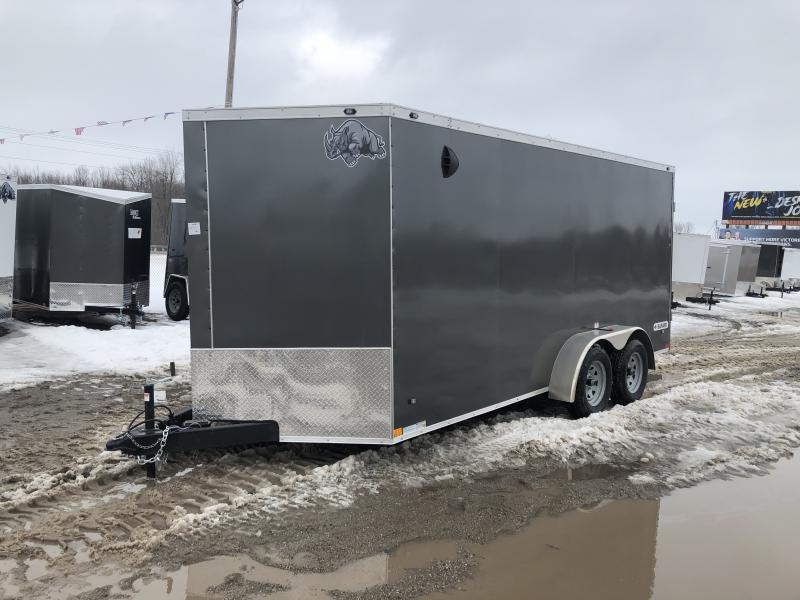 Rhino Trailers SAFARI 7x16 Charcoal V-Nose Ramp Door Enclosed Cargo Trailer w/6ft 6in Interior height Rhino Trailers SAFARI 7x16 Charcoal V-Nose Ramp Door Enclosed Cargo Trailer w/6ft 6in Interior height