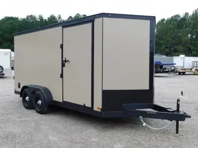 2026 Covered Wagon Trailers Gold Series 7x16 Vnose Tan w\Blackout with Ramp Door 7' Inside Cargo / E