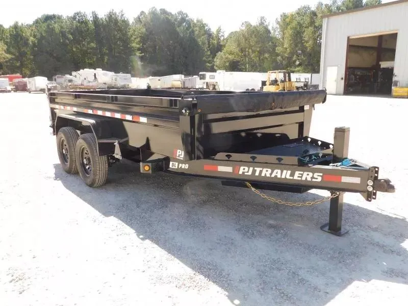 2026 PJ Trailers DL 14 x 83 Low Pro with Tarp Ramps Spare Dump Trailer