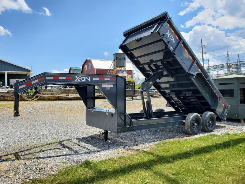 X-ON Gooseneck Dumper 83"x16' 14K -Scissor Lift -7 Gauge Floor -6" I-Beam Frame -5' Slide In Ramps --10K Drop Leg Jack -Tarp Kit Included -16" Radial Tires X-ON Gooseneck Dumper 83"x16' 14K -Scissor Lift -7 Gauge Floor -6" I-Beam Frame -5' Slide In Ramps --10K Drop Leg Jack -Tarp Kit Included -16" Radial Tires