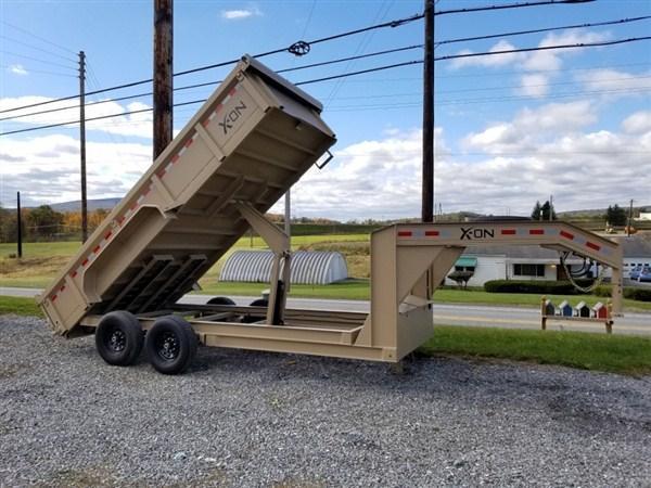 X-ON Gooseneck Dumper 83"x14' 14K -Scissor Lift -7 Gauge Floor -6" I-Beam Frame -5' Slide In Ramps --10K Drop Leg Jack -Tarp Kit Included -16" Radial Tires X-ON Gooseneck Dumper 83"x14' 14K -Scissor Lift -7 Gauge Floor -6" I-Beam Frame -5' Slide In Ramps --10K Drop Leg Jack -Tarp Kit Included -16" Radial Tires