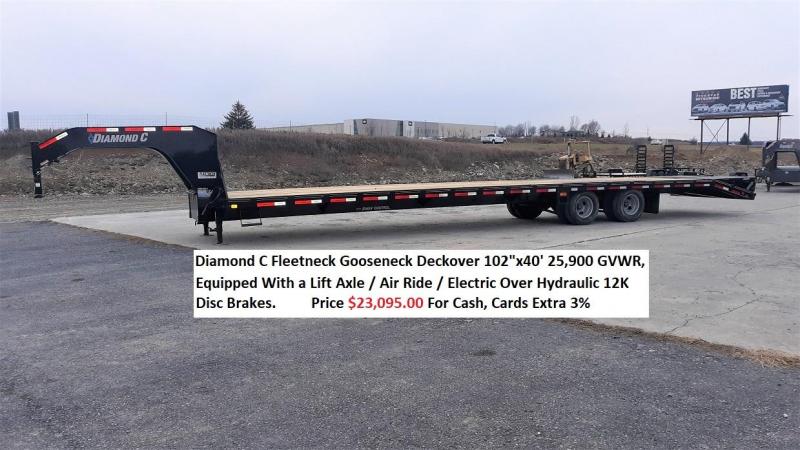 Diamond C Deckover Gooseneck 102"x40' 25.9K -Max Ramps -16" Engineered Beam Frame -12" Engineered Neck -Electric Over Hydraulic Disc Brakes -Air Ride With Lift Axle -17.5" 16 Ply Dual Nitrogen Filled Radial Tires Diamond C Deckover Gooseneck 102"x40' 25.9K -Max Ramps -16" Engineered Beam Frame -12" Engineered Neck -Electric Over Hydraulic Disc Brakes -Air Ride With Lift Axle -17.5" 16 Ply Dual Nitrogen Filled Radial Tires