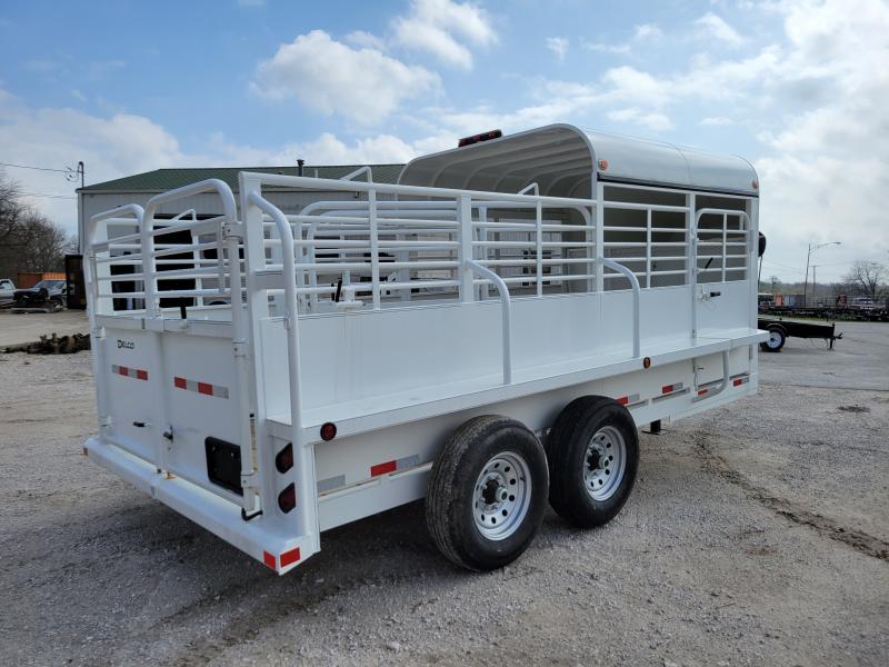 Delco 16' x 6'8 Premium Metal Top Powder Coated White Gooseneck Livestock Trailer with Butterfly Slam Latch Tail Gate Delco 16' x 6'8 Premium Metal Top Powder Coated White Gooseneck Livestock Trailer with Butterfly Slam Latch Tail Gate