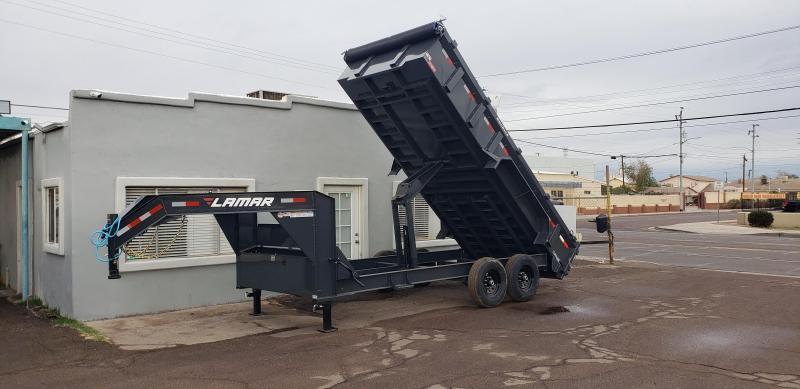 2021 Lamar Trailer 16' Long - 14K # GVWR- Gooseneck Dump Trailer- Tarp- Ramps - Battery Charger- 7 Gauge Floor - Powder coat finish. 2021 Lamar Trailer 16' Long - 14K # GVWR- Gooseneck Dump Trailer- Tarp- Ramps - Battery Charger- 7 Gauge Floor - Powder coat finish.