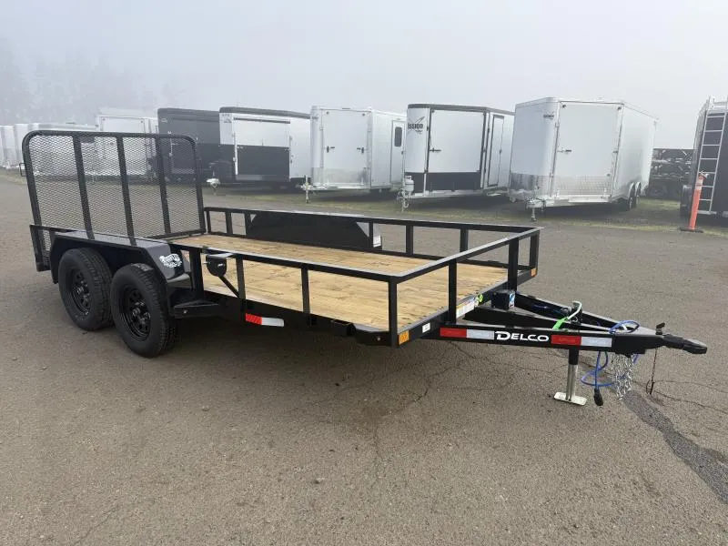 2026 Delco Trailers 14' Utility Trailer- Idler axle & Braked axle-4' gate- Spare & Mount!