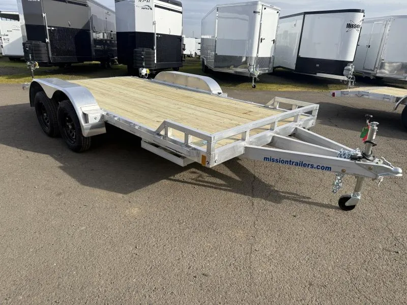 2026 Mission Open Car Hauler 8x16'-Wood Deck-(4) Recessed D-Rings-2' Beavertail-6' Stowaway Aluminum Ramps, 3500# Leaf Spring Axles Car Hauler