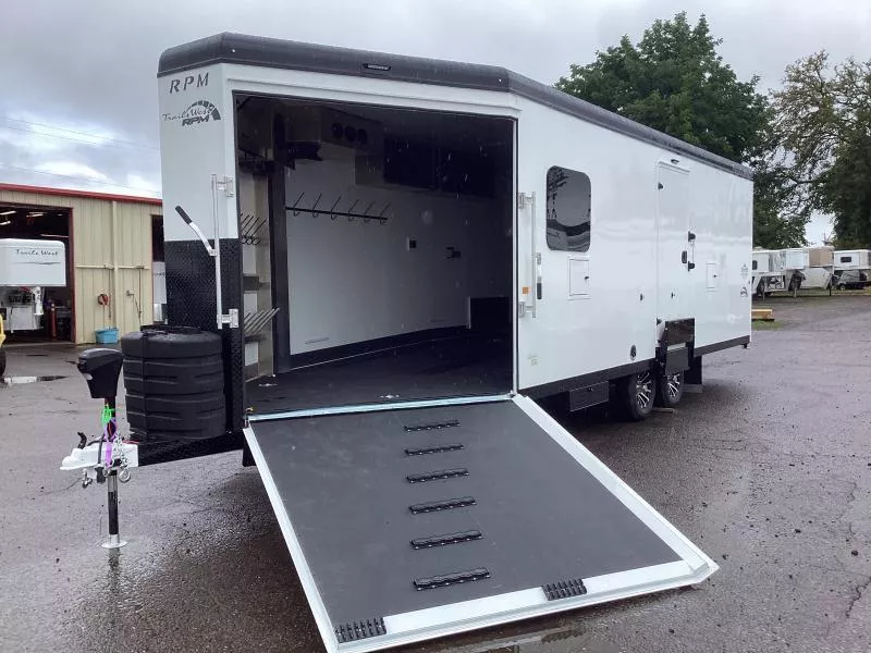 COMING FALL 2025! 2026 Trails West Manufacturing RPM 28' Snowmobile Trailer-Altitude Package-30 gal. fuel cell-7.5 gal. LP Tanks- Power Rear Ramp