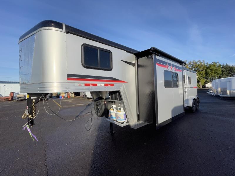 2023 Bison Silverado 2H LQ - REDUCED $2725 - All Aluminum Construction! - 7' Wide - 11' Shortwall - Big Fridge - Drop Down Windows on Head and Tailside - Swing Out TV - Lined & Insulated Horse Area - Dinette in Slide 2023 Bison Silverado 2H LQ - REDUCED $2725 - All Aluminum Construction! - 7' Wide - 11' Shortwall - Big Fridge - Drop Down Windows on Head and Tailside - Swing Out TV - Lined & Insulated Horse Area - Dinette in Slide