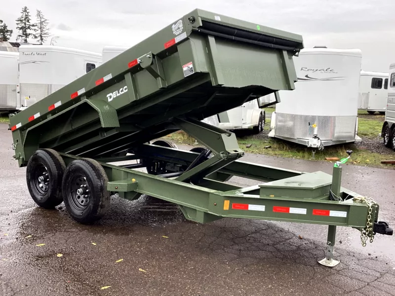 2026 Delco Dump Trailer 7x14 -14K - Spreader gate - Army Green - 2' sides, 6' slide in ramps