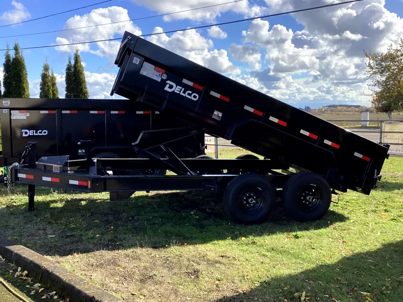 2026 Delco Dump Trailer 7x14 -14K - Split/Spreader gate - Black- 2' Solid Sides, 6' slide in ramps