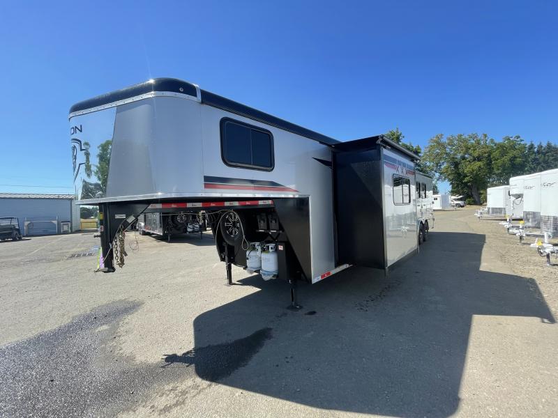 2023 Bison Ranger 3 Horse LQ - REDUCED $3200 - 8' Wide - 16' Shortwall - Sofa - Big Fridge - Dinette in Slide - Foldable Rear Tack w/ Swing Out Saddle Rack/Blanket Bar - Lined & Insulate Horse Area - Fans in Each Stall 2023 Bison Ranger 3 Horse LQ - REDUCED $3200 - 8' Wide - 16' Shortwall - Sofa - Big Fridge - Dinette in Slide - Foldable Rear Tack w/ Swing Out Saddle Rack/Blanket Bar - Lined & Insulate Horse Area - Fans in Each Stall