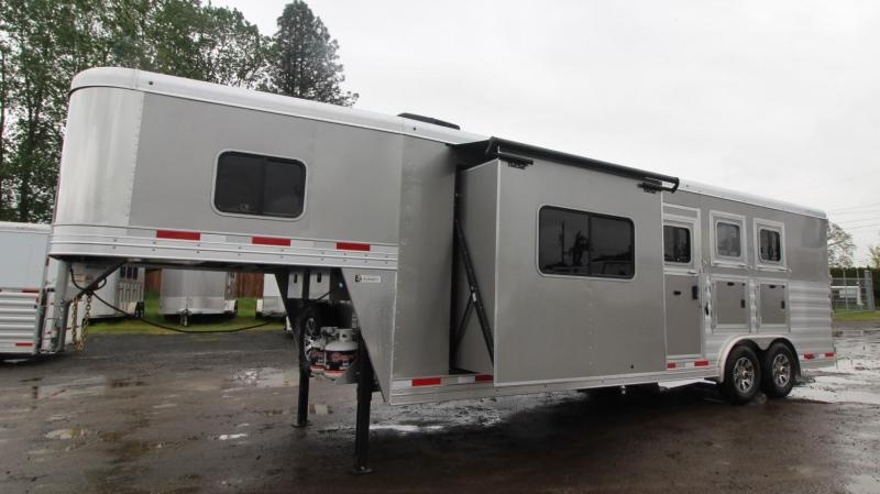 $4,400 BELOW COST!  New Exiss  8310 - 10ft SW Living Quarters with 6' Slide out - 3 Horse Aluminum 8ft Wide Trailer-Air Flow Dividers- Stud Divider-Easy Care Flooring-Power Awning