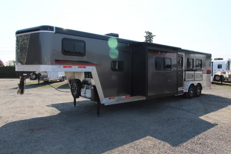 2023 Bison Silverado 8313 With Slide out 3 Horse Aluminum Trailer - Couch AND Dinette - Escape Door - Stud wall - Power awning - Hydraulic jacks - Lined and Insulated Horse Area 2023 Bison Silverado 8313 With Slide out 3 Horse Aluminum Trailer - Couch AND Dinette - Escape Door - Stud wall - Power awning - Hydraulic jacks - Lined and Insulated Horse Area