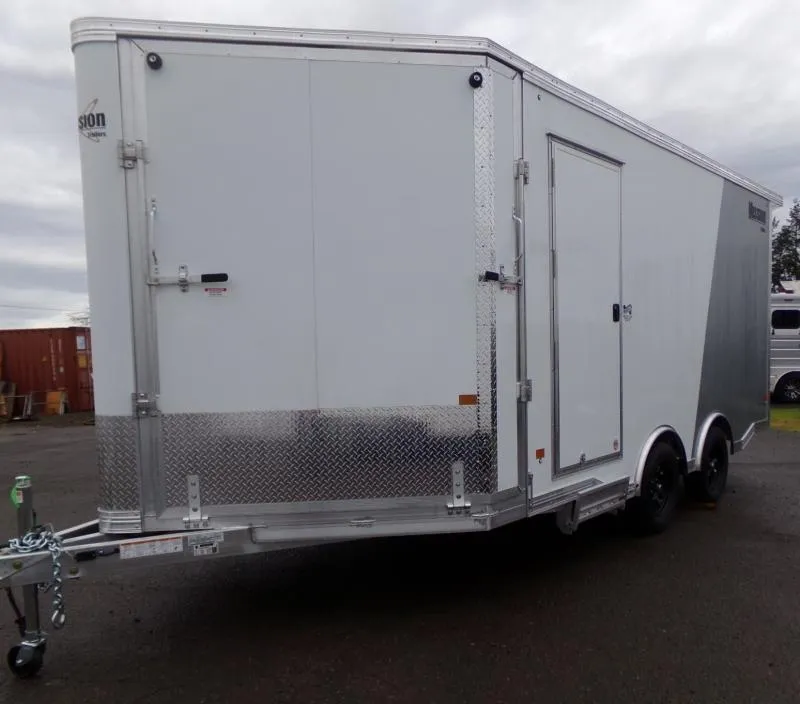 2026 Alcom Mission Snowmobile Trailer-All Season Peak Value-2-tone; White/Silver-Front DS Ramp-3500# Axles-Spare Tire