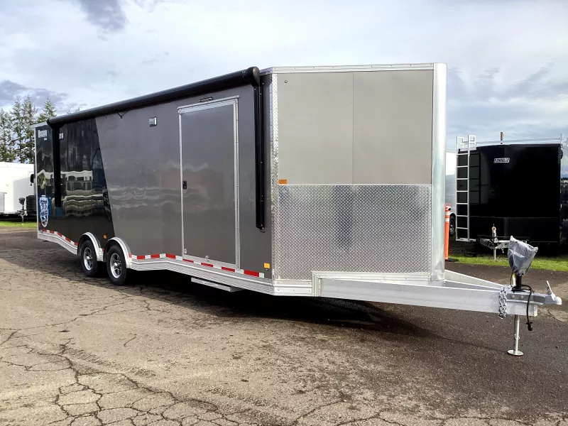 2024 Alcom MISSION 8.5x28' Pinnacle Car Hauler-10k-Refrigerator opening-Cabinets w/ tool drawers-110pks-Electric Awning