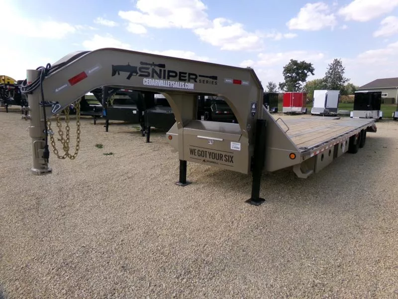2026 Iron Bull 102 x 32 (27 +5) Sniper Series FLG Gooseneck Deckover with 25,900 lb. GVWR, Dual Hydraulic Jacks, Solar Charger, Wireless Remote, Winch Plate in Neck, Side Mount Toolboxes on Both Sides, and 14 Ply Tires with a Spare Deckover Trailer