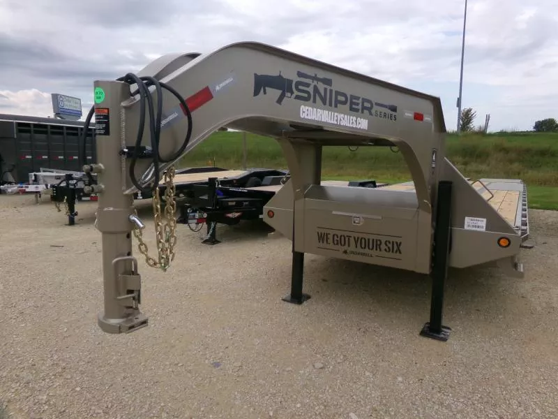2026 Iron Bull 102 x 32 (27 +5) Sniper Series FLG Gooseneck Deckover with 25,900 lb. GVWR, Dual Hydraulic Jacks, Solar Charger, Wireless Remote, Winch Plate in Neck, Side Mount Toolboxes on Both Sides, and 14 Ply Tires with a Spare Deckover Trailer