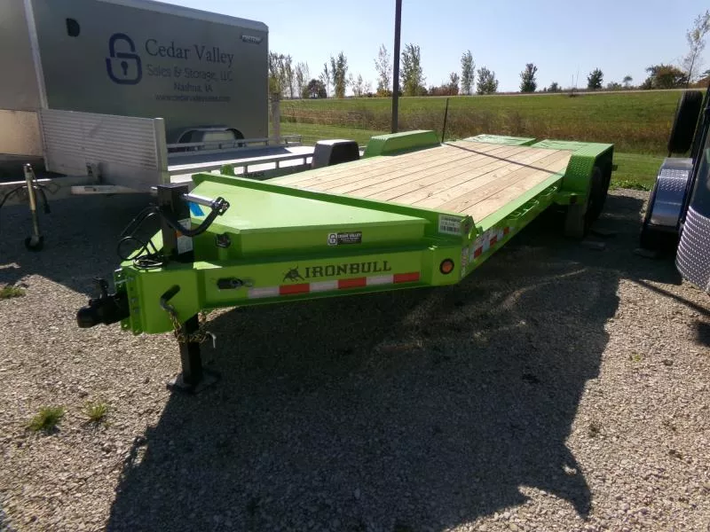 2026 Iron Bull 83 x 20 (17 +3) EWB Equipment Trailer in Neon Safety Green with 14 K GVWR and Rampage Ramps Car Hauler