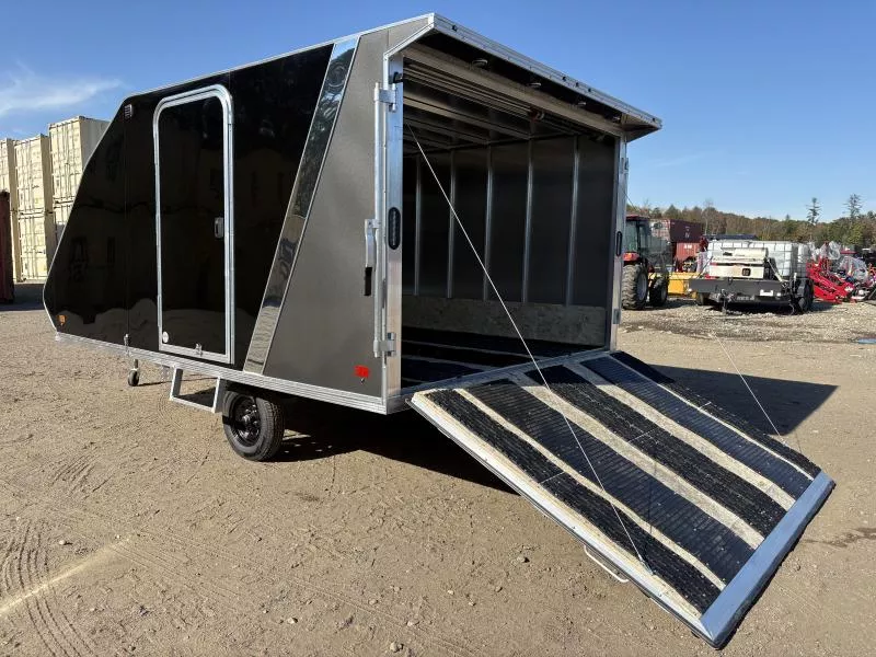 2026 SnoPro Trailers 101x12 2-Place Aluminum Hybrid Snowmobile Trailer w/Rear Door Canopy w/Lights, Tapered Ramp Door, Two-Tone Color Package, Trax Mats & Grip Glides 