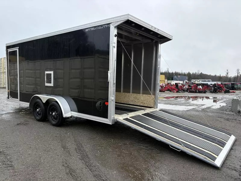 2026 Stealth Trailers 7x18 3-Place Aluminum Enclosed Snowmobile Trailer w/Extra Height, Rear Door Canopy w/Lights, Tapered Ramps, Galvanized Axles, Black Aluminum Wheels & Premium Light Package 