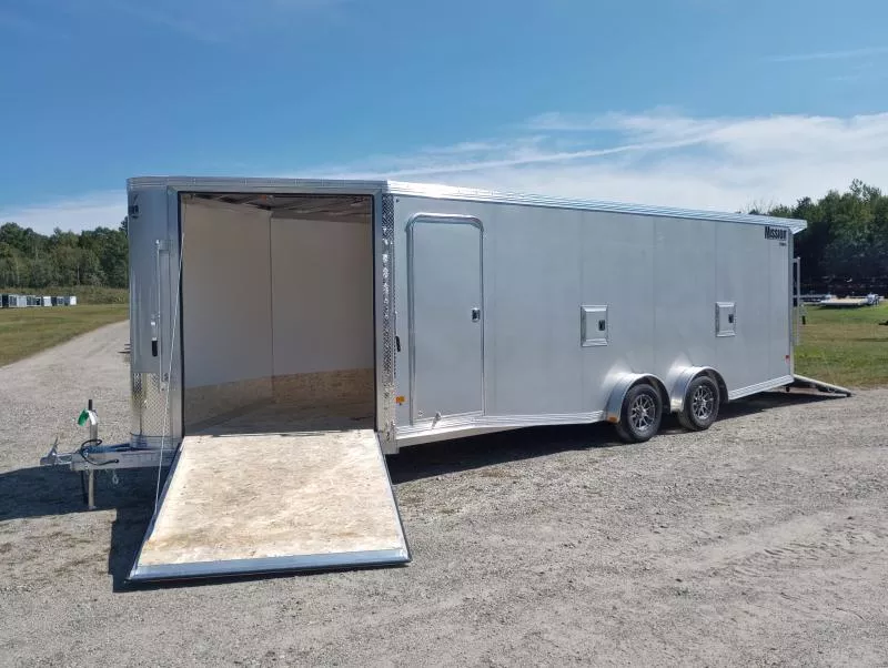 2026 Mission 7.5x22 Aluminum 3-Place Drive In/Out Snowmobile Trailer w/Fuel Doors, Rear Canopy, Tapered Ramps