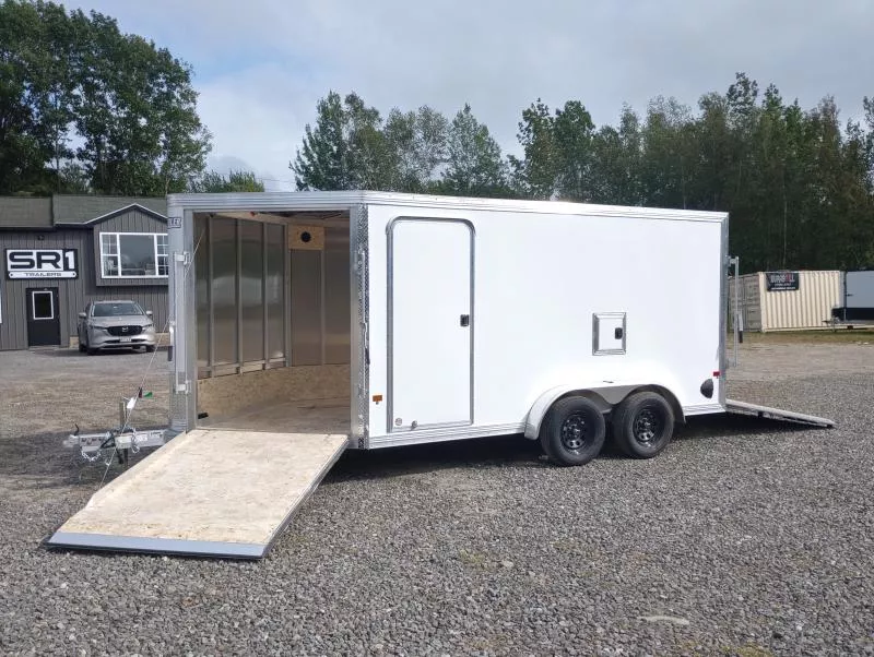 2026 E-Z Hauler 7.4x14 7K Aluminum 2-Place Drive In/Out Snowmobile Trailer w/Fuel Door, Tapered Ramps, Spare Tire Mount