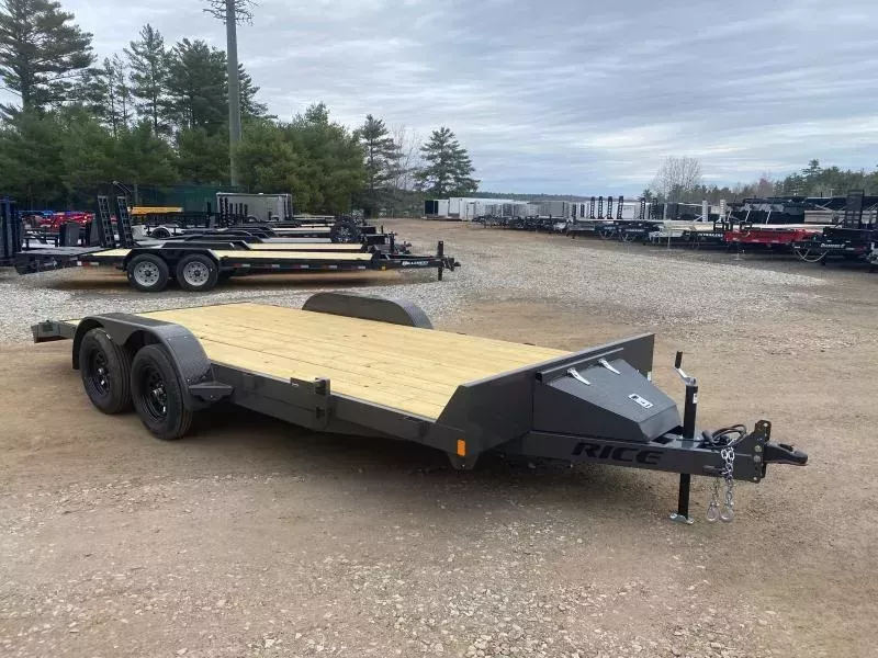 2025 Rice 7x18 Powder Coated 7K LowPro Car Hauler w/Toolbox & Slide-In Ramps