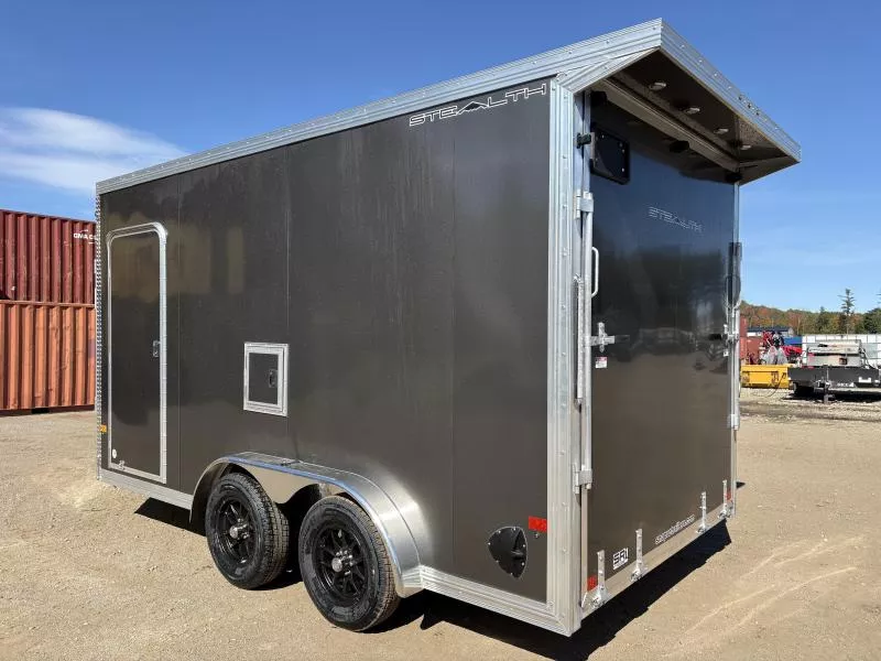 2026 Stealth Trailers 7.5x14 2/3-Place Aluminum Enclosed Snowmobile Trailer w/Extra Height, Rear Door Canopy w/Lights, Galvanized Axles, Black Aluminum Wheels, Tapered Ramp Doors & Premium Lights Package 