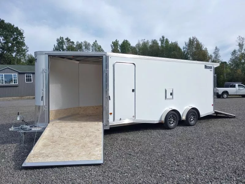 2026 Mission 7.5x18 Aluminum 3-Place Drive In/Out Snowmobile Trailer w/Fuel Door, Rear Canopy, Tapered Ramps