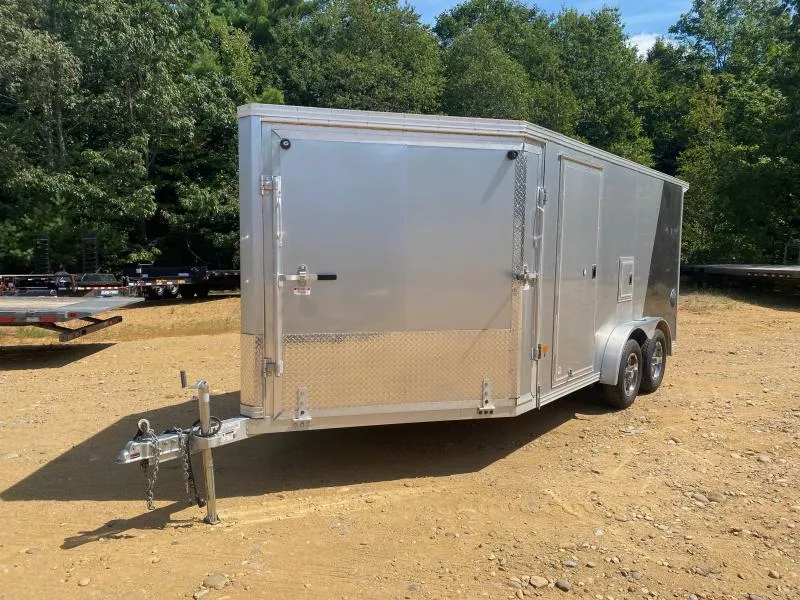 2021 EZ Hauler 7.5x14+4.5 Aluminum 2-Place Enclosed Snowmobile Trailer w/Mats, Guides, & Bench Seat