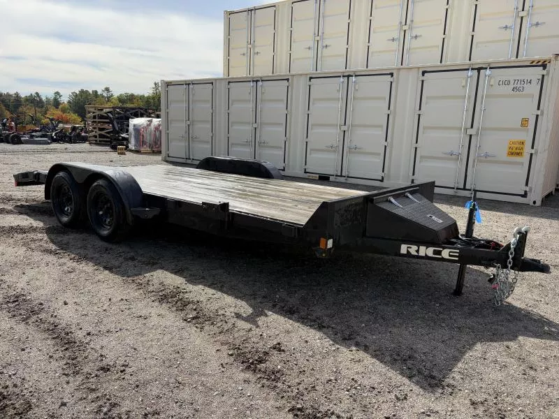2020 Rice Trailers 7x18 7K Powder Coated Car Hauler w/Spare Tire Mount, Toolbox, Slide-Out Ramps & D-Rings 