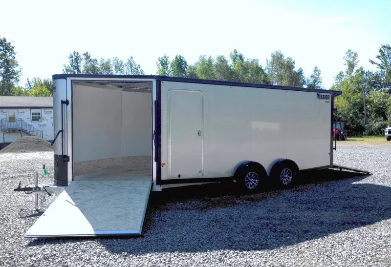 2026 Mission 7.5x18 Aluminum 3-Place Drive In/Out Snowmobile Trailer w/Blackout Package, Rear Canopy, Tapered Ramps
