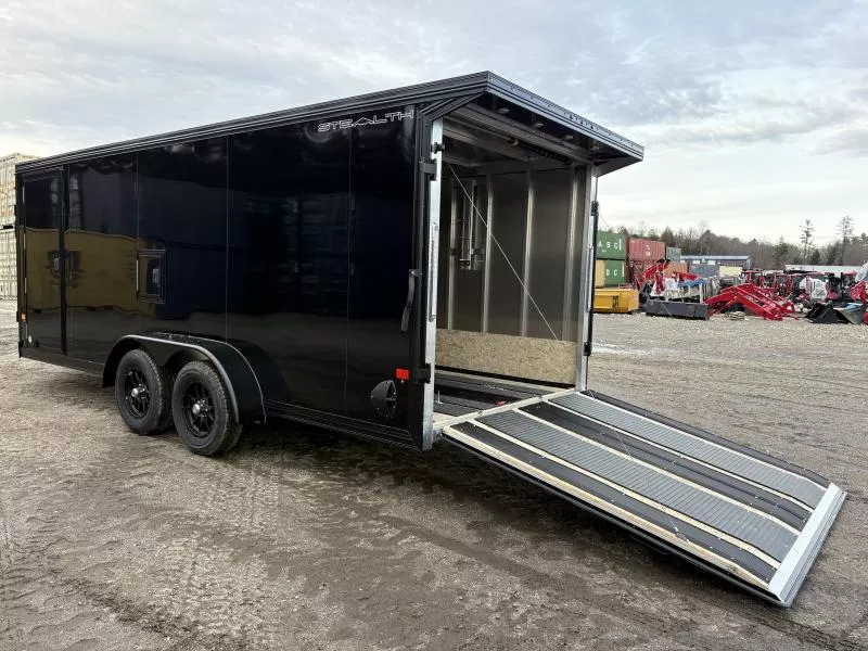 2026 Stealth Trailers  7x18 3-Place Aluminum Enclosed Snowmobile Trailer w/Rear Door Canopy w/Lights, Tapered Ramps, Galvanized Axles, Black Aluminum Wheels & Premium Light Package 