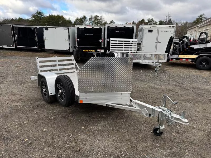 2025 Bear Track 4.5x10 Aluminum Motorcycle / Utility Trailer w/Bi-Fold Ramp, Rock Guard & Matching Spare