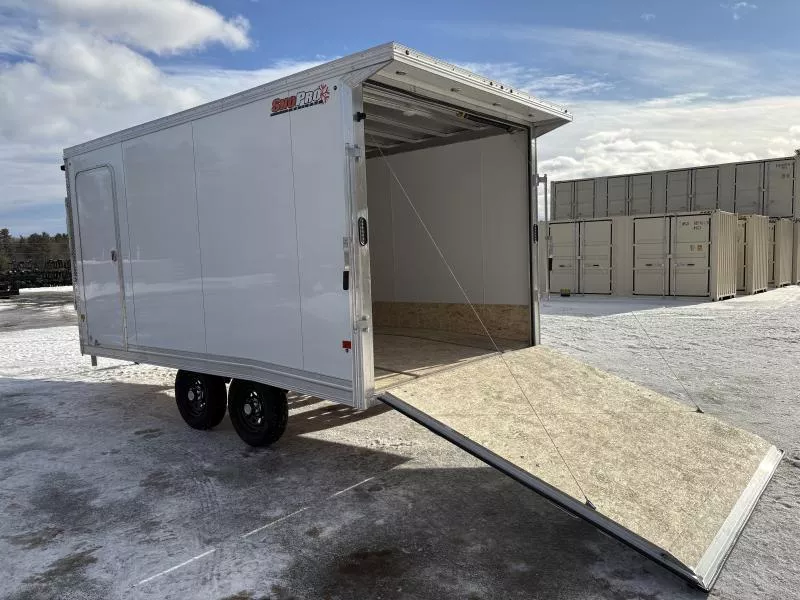 2026 SnoPro Trailers 101x14 Aluminum 2-Place Drive In-Out Snowmobile Trailer w/Full Length Slide Track Tie Downs, White Interior Walls, & Side Access Door