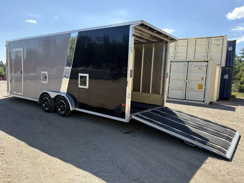 2024 E-Z Hauler 7.5x22 Aluminum Enclosed 4-Place Snowmobile Trailer w/Extra Height, Rear Door Canopy w/Lights, Two-Tone PKG, Wrap Around Front Ramp, Tapered Ramps, Galvanized Axles, Aluminum Wheels, Power Tongue Jack, Track Mats & Ski Guides