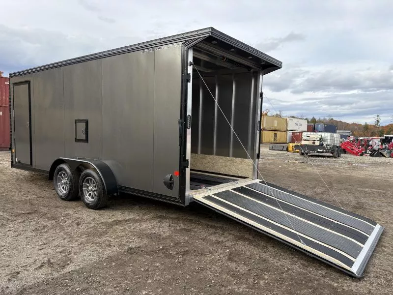 2026 Stealth Trailers 7x18 3-Place Aluminum Enclosed Snowmobile Trailer w/Extra Height, Rear Door Canopy w/Lights, Tapered Ramps, Galv. Axle, Aluminum Wheels, Ext. Powder Coat PKG, Fuel Door, TraxMats & Ski Guides