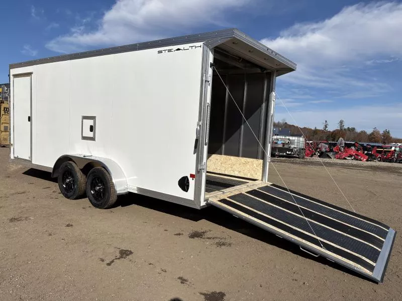 2026 Stealth Trailers 7x18 3-Place Aluminum Enclosed Snowmobile Trailer w/Extra Height, Rear Door Canopy w/Lights, Tapered Ramps Doors, Black Aluminum Wheels, Galvanized Axle & Premium Light Package 