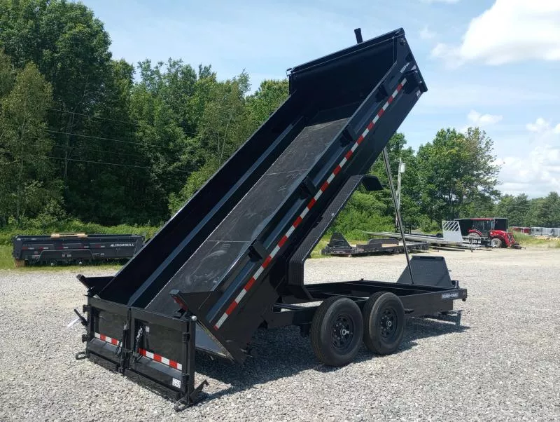 2026 Sure-Trac 7x16 14K Powder Coated Telescopic Dump Trailer w/Ramps, 2-Way Spreader Gate, Tarp Kit