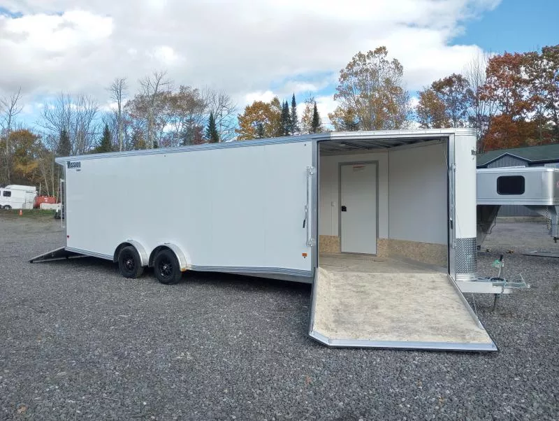2026 Mission 7.5x24 Aluminum 4-Place Drive In/Out Snowmobile Trailer w/Wrap-Around Front Ramp, Fuel Doors, Galvanized Axle, Rear Canopy
