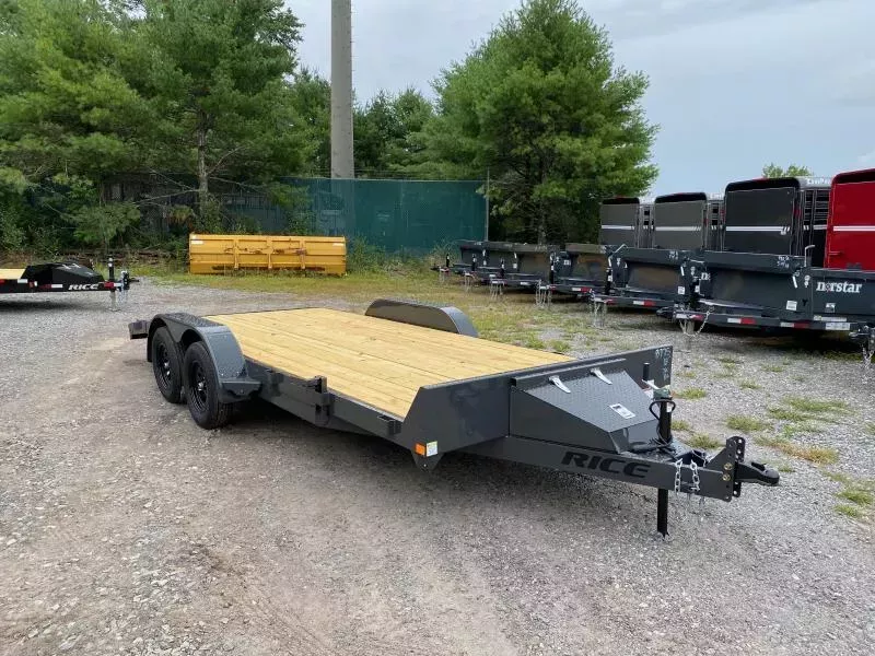 2026 Rice 7x18 Powder Coated 7K LowPro Car Hauler w/Toolbox & Slide-In Ramps