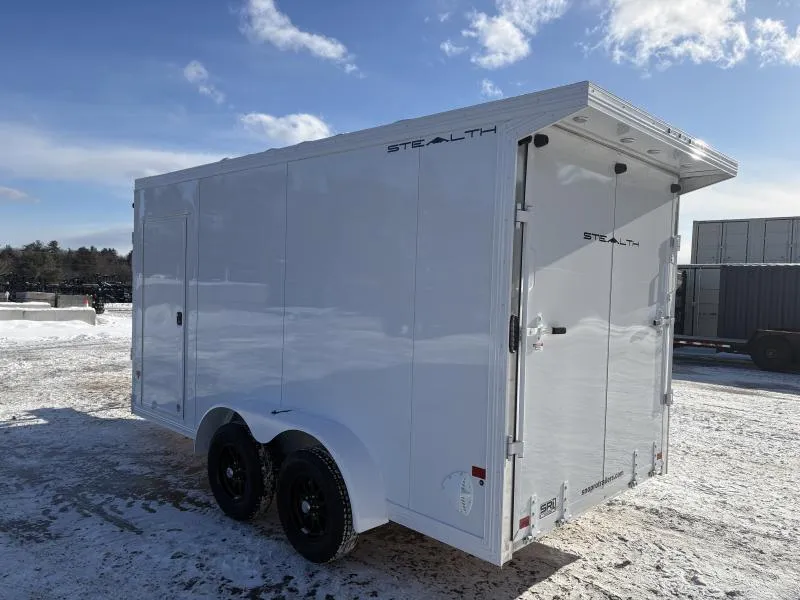 2026 Stealth Trailers 7X14 2-Place Aluminum Enclosed Snowmobile Trailer w/Extra Height, Rear Door Canopy, Black Aluminum Wheels, & Tapered Ramp Doors