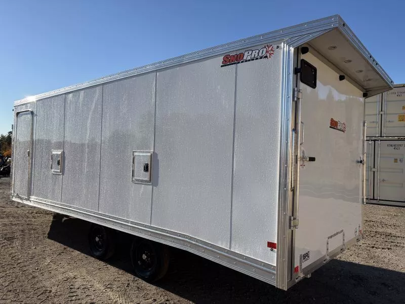 2026 SnoPro Trailers 101x22 Aluminum 4-Place Drive In-Out Snowmobile Trailer w/Rear Door Canopy w/Lights, White Interior Walls, Tapered Ramp Doors, Galvanized Axles, Black Aluminum Wheels, Fuel Door & Premium Light Package 
