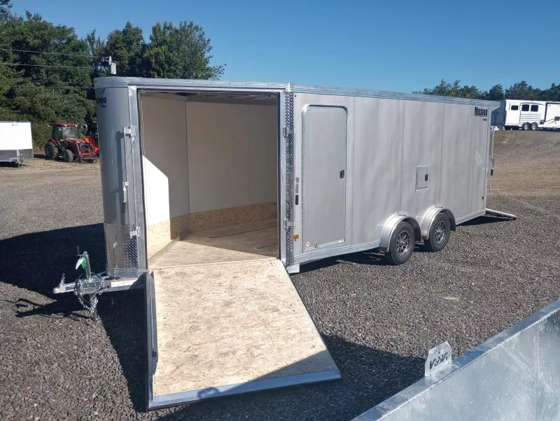 2026 Mission 7.5x18 Aluminum 3-Place Drive In/Out Snowmobile Trailer w/Fuel Door, Rear Canopy, Tapered Ramps