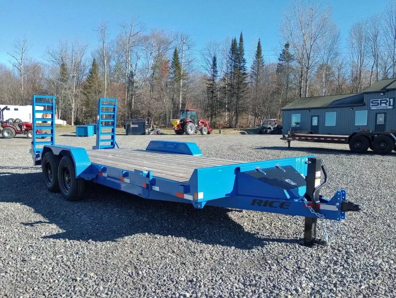 2025 Rice 7x20 14K Powder Coated Equipment Trailer w/Stand-Up Ramps, Toolbox, Spare Tire Mount