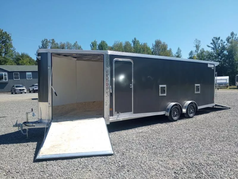 2026 Mission 7.5x22 Aluminum 4-Place Drive In/Out Snowmobile Trailer w/Tapered Ramps, Fuel Doors, Canopy