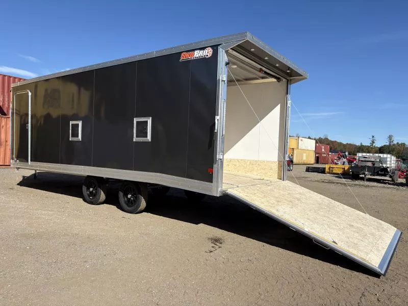 2026 SnoPro Trailers  101x22 Aluminum 4-Place Drive In-Out Snowmobile Trailer w/Rear Door Canopy w/Lights, White Interior Walls, Tapered Ramp Doors, Galvanized Axles, Black Aluminum Wheels, Fuel Door & Premium Light Package 